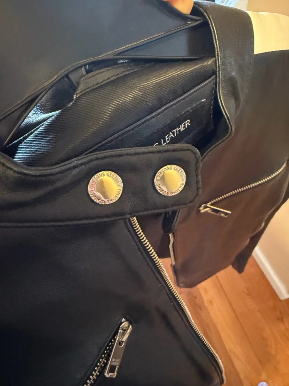 Wilsons Leather Black Leather Jacket with White Sleeve Stripes - Picture 10 of 10